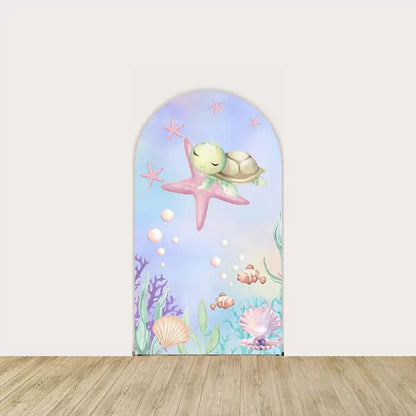 Left panel with pastel turtle resting on a pink starfish surrounded by bubbles, coral, and starfish—gentle ocean theme for kids’ events.