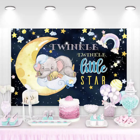 Adorable baby shower backdrop featuring a baby elephant on a moon with 'Twinkle Twinkle Little Star' text, surrounded by stars and clouds.