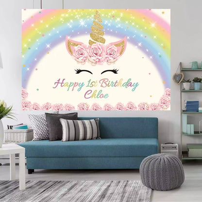 Unicorn Birthday Backdrop Girls Unicorn Gold Glitter Birthday Party Decoration Happy Birthday Photo Background