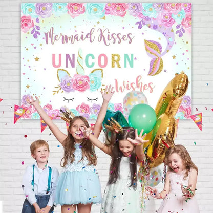 Magical unicorn and mermaid backdrop with pastel colors, glittery horn, and floral accents – ideal for kids' parties, photo booths, and celebrations