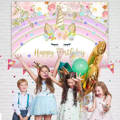 Girly unicorn party banner featuring a glittery golden horn, closed eyes, pastel rainbow, and floral decorations – ideal for whimsical birthday celebrations.