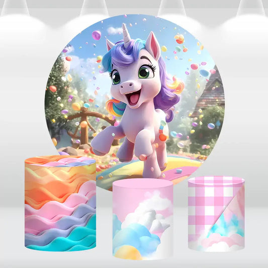 Magical unicorn-themed round backdrop with rainbow and playful cylinder covers, perfect for kids’ birthday parties and fantasy-themed events.