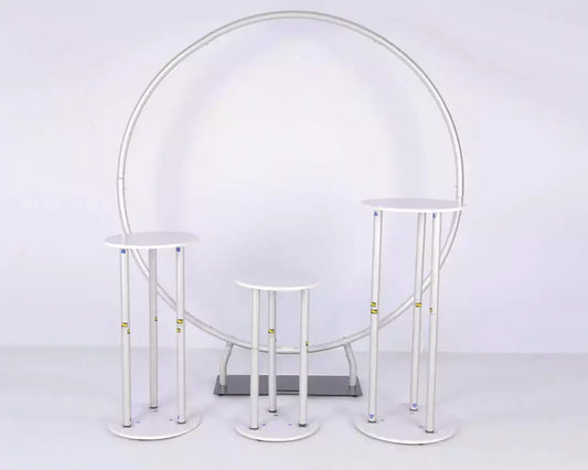 Round White Metal Wedding Arch Stand Iron Circle Balloon Flower Ring with 3 Cylinder Pedestals stand for Wedding, Birthday Party, Garden Decoration