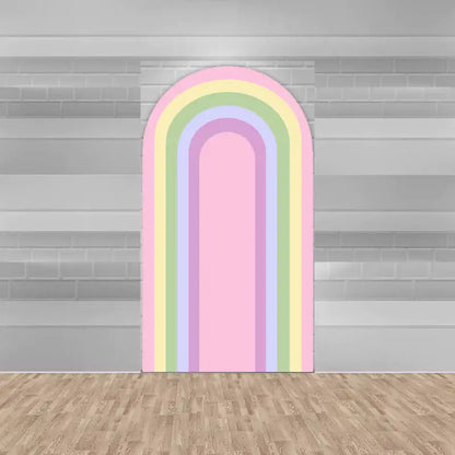 Center panel featuring vertical pastel rainbow arches in pink, purple, green, and yellow—perfect for gender-neutral or rainbow-themed events.