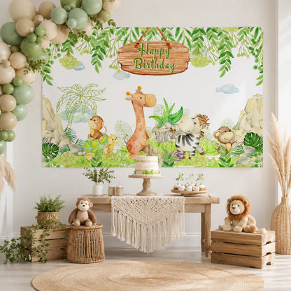 Watercolor jungle animals happy birthday backdrop with giraffe, zebra, monkeys, turtle and tropical leaves for a kids birthday party.