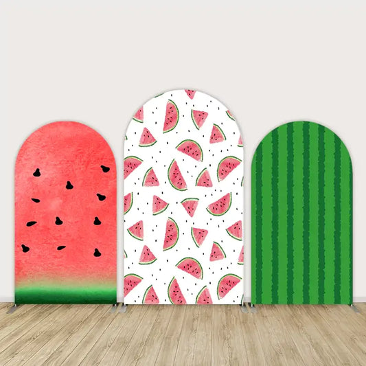 Three watermelon-themed arch panels including red pulp with seeds, watermelon slices on white, and a green striped rind pattern.