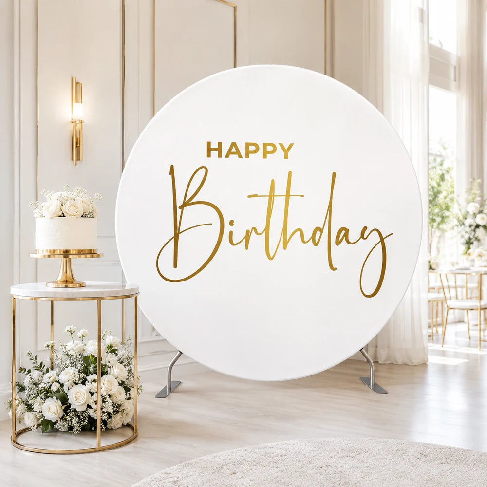 White and gold round Happy Birthday backdrop with elegant script lettering for adult birthdays, milestone parties and photo booth decor.