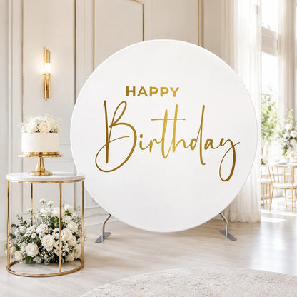 White and gold round Happy Birthday backdrop with elegant script lettering for adult birthdays, milestone parties and photo booth decor.