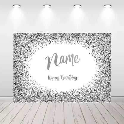 White and silver glitter birthday backdrop with sparkling confetti border and customizable name text – perfect for elegant and neutral-toned parties