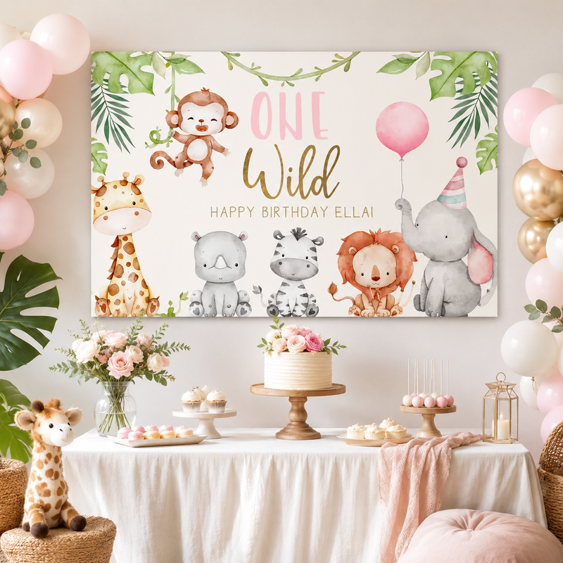 Wild one safari animals rectangular backdrop with giraffe, monkey, rhino, zebra, lion and elephant for a first birthday party.