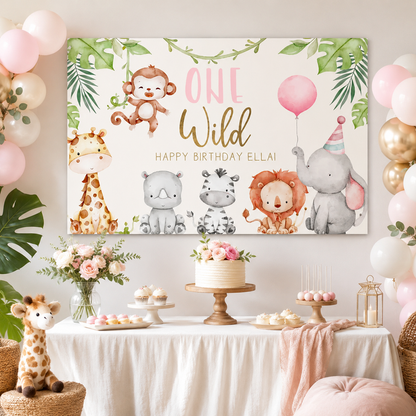Wild one safari animals rectangular backdrop with giraffe, monkey, rhino, zebra, lion and elephant for a first birthday party.