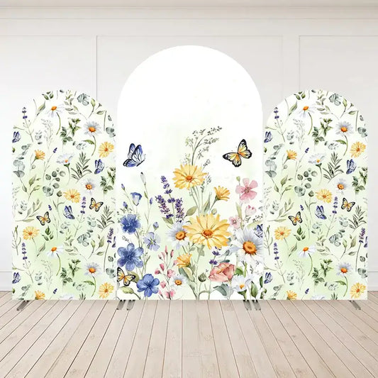 Backdrop featuring wildflowers and butterflies, creating a whimsical garden-inspired decoration for events.