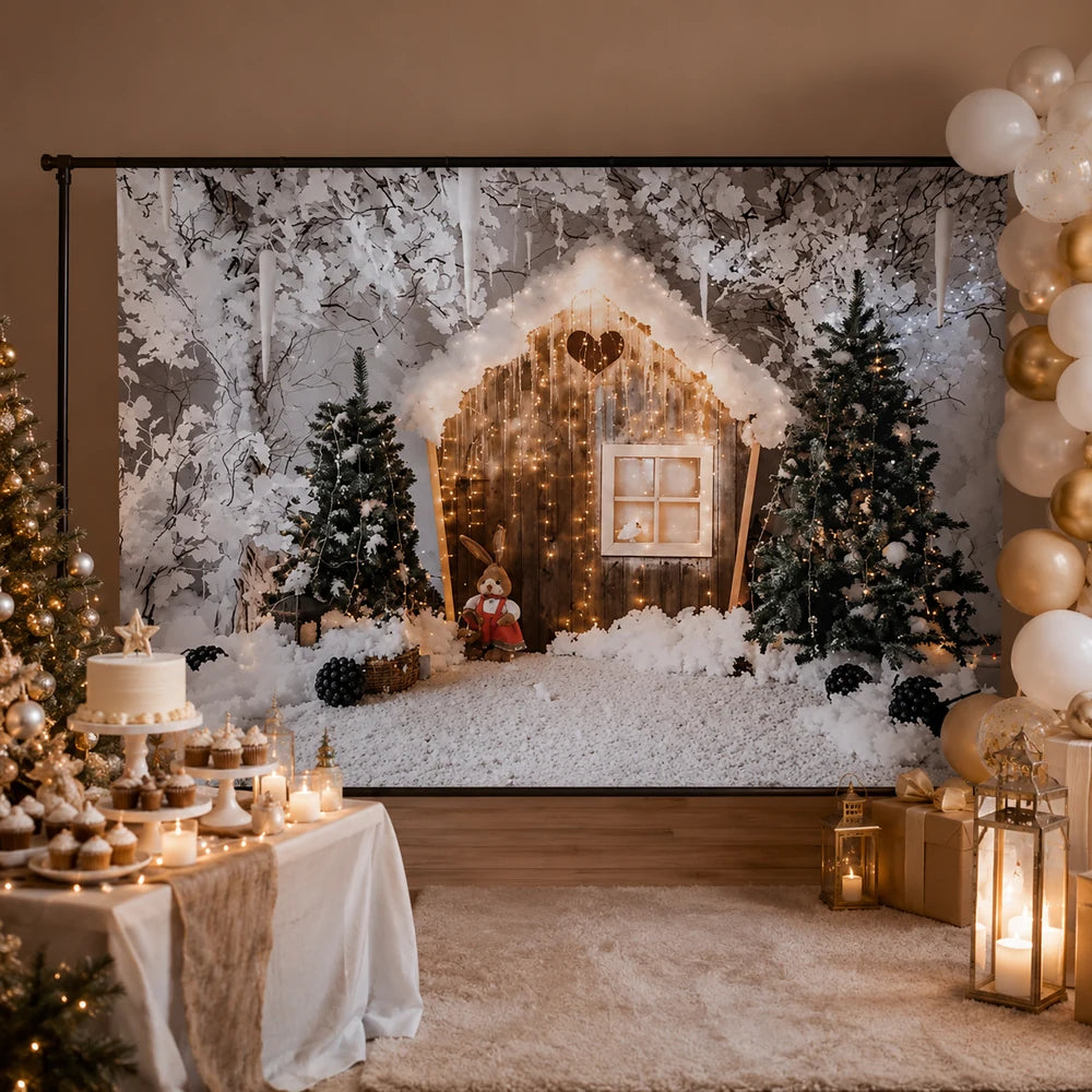 Snowy winter cabin backdrop with Christmas trees, warm string lights and a woodland holiday scene for seasonal parties and photography.