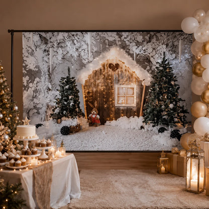 Snowy winter cabin backdrop with Christmas trees, warm string lights and a woodland holiday scene for seasonal parties and photography.