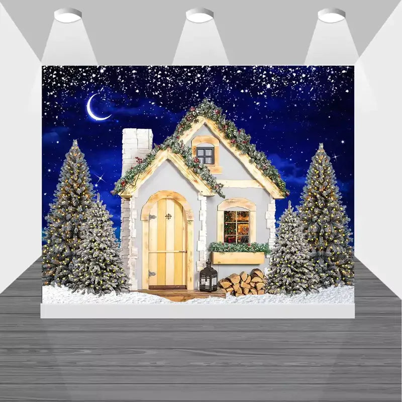 Snowy winter cottage backdrop with lit Christmas trees, perfect for holiday event decor.