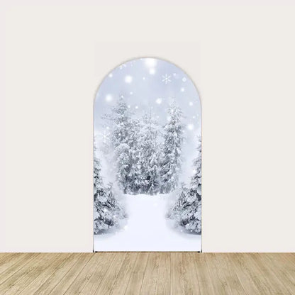 Center panel of snowy forest with a wide snow-covered path leading into pine trees under softly glowing snowflakes.