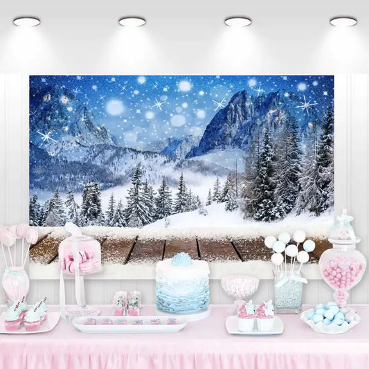 Winter wonderland backdrop with snowy pine forest, wooden floor, and majestic mountains under a starry sky – ideal for holiday parties or winter photo shoots