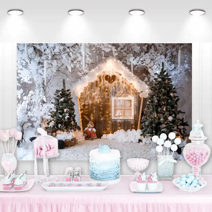 Winter-themed backdrop featuring a wooden cabin with snow-covered trees and twinkling lights, ideal for holiday events.