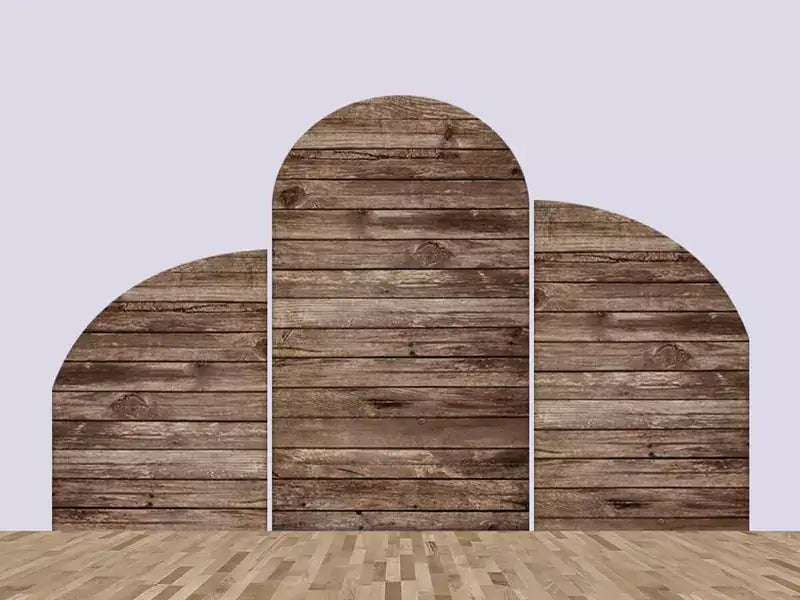 Three-panel wooden arch backdrop set featuring natural, weathered wood texture, perfect for rustic or vintage-themed events.