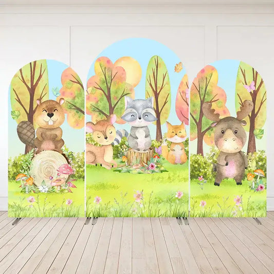 Backdrop with illustrated forest animals like a beaver, deer, raccoon, and fox in a whimsical woodland scene.