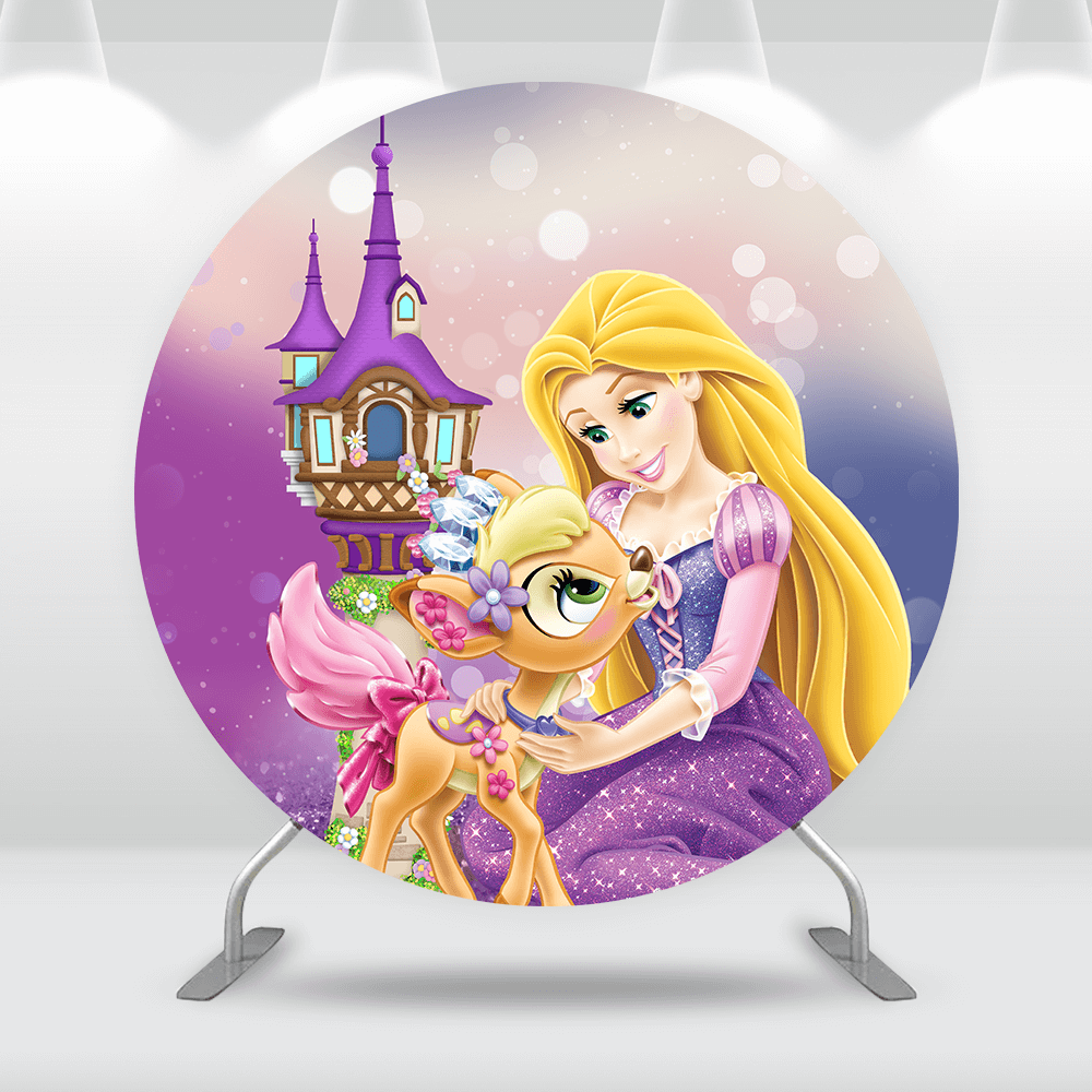 Princess Tangled Rapunzel Round Backdrop Pets Purple Castle Gold Long Hair Girls Happy Birthday Party Circle Background Supplier