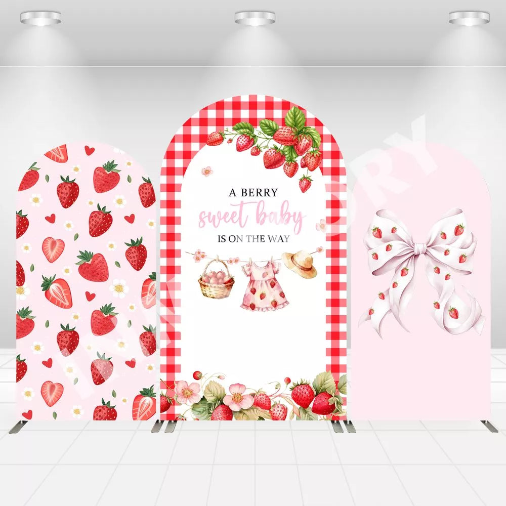 Custom A Berry Sweet Baby Is on The Way Strawberry Pink Bow Kids Birthday Party Baby Shower Cover Arch Decor Backdrop