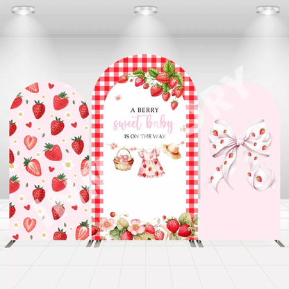 Custom A Berry Sweet Baby Is on The Way Strawberry Pink Bow Kids Birthday Party Baby Shower Cover Arch Decor Backdrop