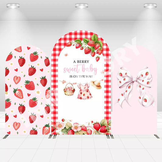 Custom A Berry Sweet Baby Is on The Way Strawberry Pink Bow Kids Birthday Party Baby Shower Cover Arch Decor Backdrop