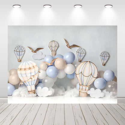 Blue Sky White Clouds Birthday Backdrop Hot Air Balloons Kids Newborn Photocall Cake Smash Baby Shower Photography Background