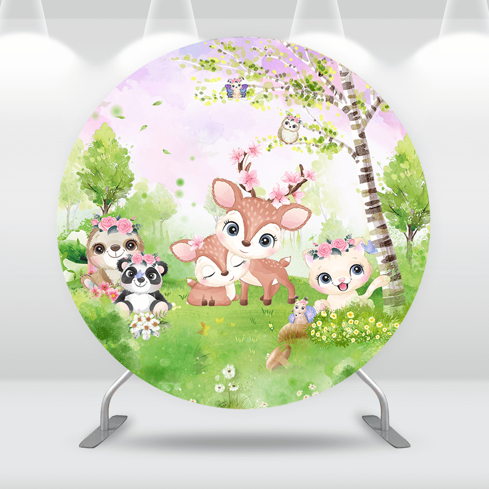 Spring theme Sika Deer Round Backdrop Cover for Kids Baby Shower Decors Banner Animals Safari Party Circle Background Photo Studio