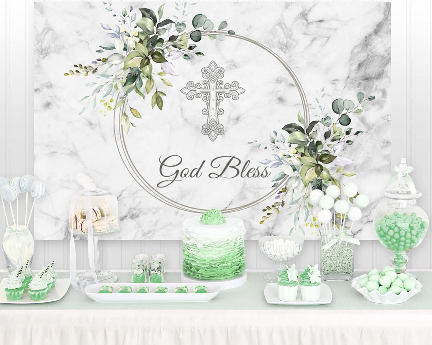 Sensfun First Holy Communion Backdrops Party Decoration Cake Table Banner Silver Cross Marble Green Leaves God Bless Photography Backgrounds