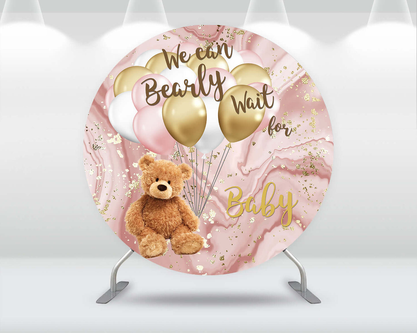 Cartoon Bear Round Backdrop Cover Pink Gold Marble theme Background Photography Balloons Baby Shower Circle Backdrops
