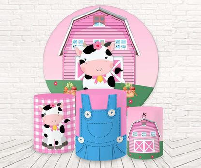 Cute Cow Round Backdrop Cover Pink Barn Kids Newborn Baby Shower Farm Birthday Party Background Cylinder Covers