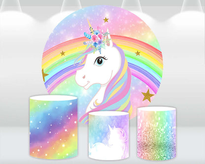 Unicorn Birthday Circle Round Backdrop Cover Rainbow Unicorn Party Background Custom  Baby Shower Photocall