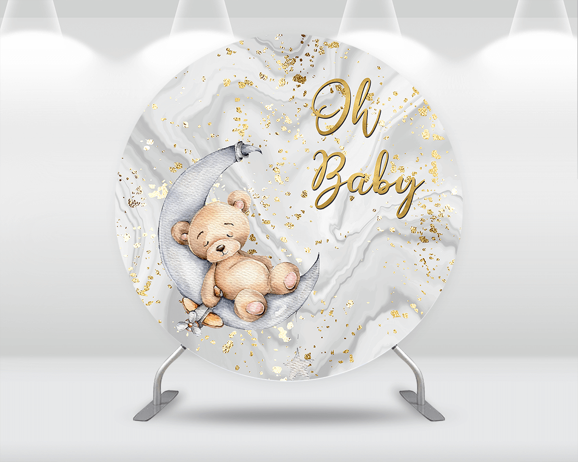 Gray White Marble Circle Round Backdrop Cover Bear theme Oh Baby Photo Background Studio Newborn Candy Table Banner