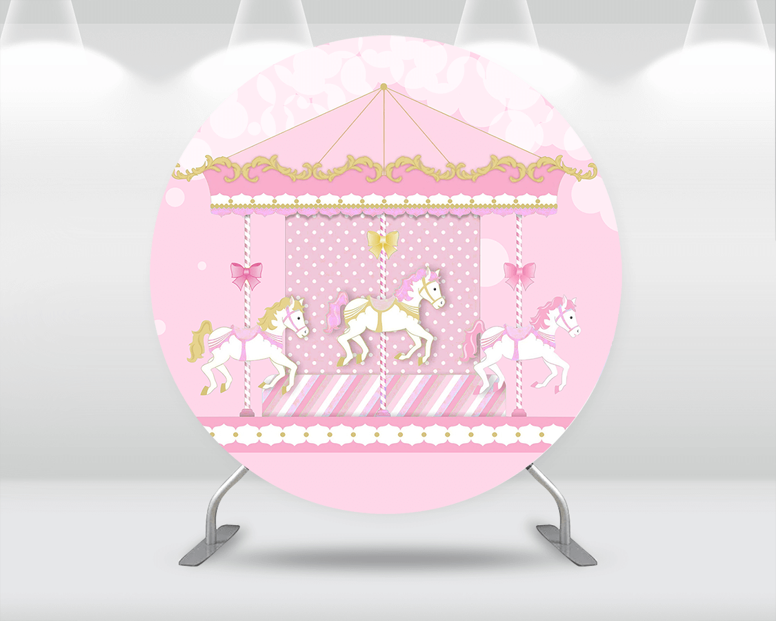 Happy Birthday Carousel Circle Round Backdrop Baby Party Decor Background Photography Pink Horse Photocall Baby Shower Photo Studio