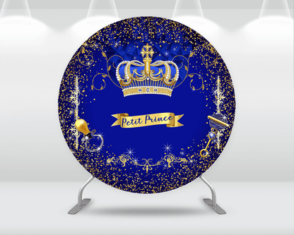 Royal Blue Prince Circle Background Gold Crown Glitter Baby Boy First Birthday Round Backdrop Party Decor Cake Table Cover