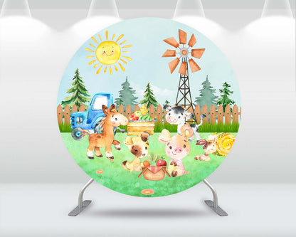 Sensfun Circle Background Round Backdrop Farm Animals Pig Cow Baby Shower Kids Birthday Party Decor Candy Table Banner