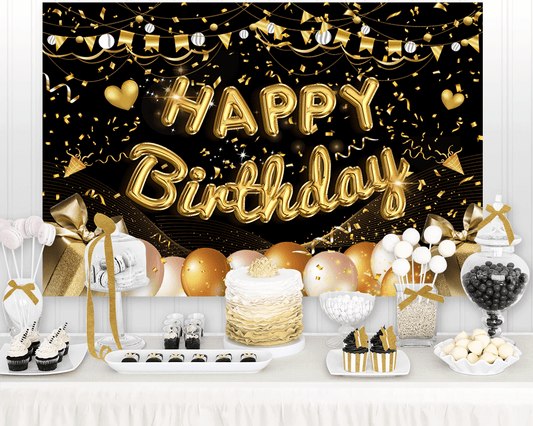 Happy Birthday Backdrop Banner Black and Gold Poster Glitter Balloon Fireworks Sign Birthday Photo Backdrop Backgroud for Birthday Party Decoration Supplies