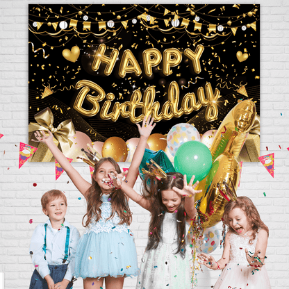 Happy Birthday Backdrop Banner Black and Gold Poster Glitter Balloon Fireworks Sign Birthday Photo Backdrop Backgroud for Birthday Party Decoration Supplies