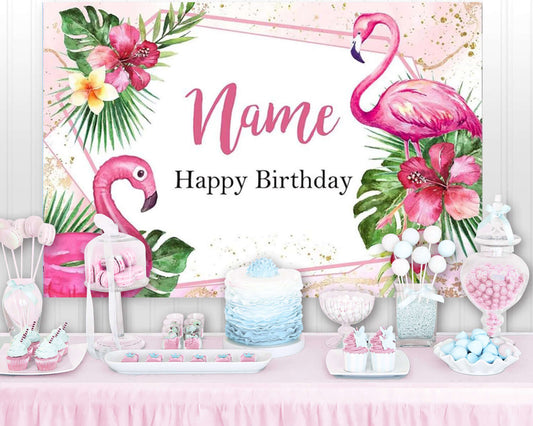 Pink Flamingo Birthday Backdrop Customize Name Happy Birthday Theme Party Decoration Green Leaves Summer Aloha Beach Party Photo Studio
