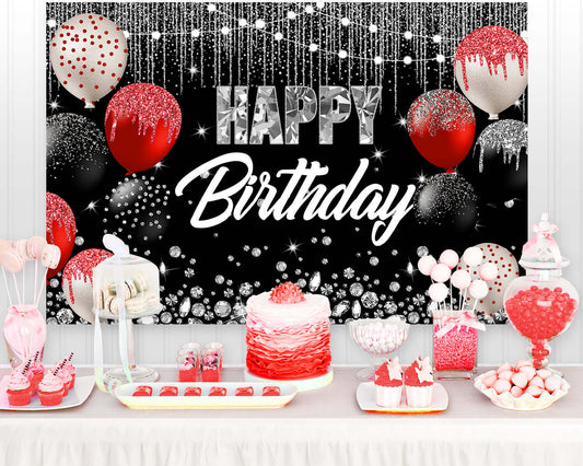 Silver Glitter Happy Birthday Backdrop Adult Black Red Background for Photo Studio Photocall Women diamonds decoration
