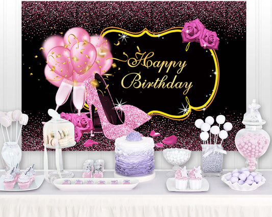 Sweet Pink Rose Birthday Backdrop Shiny Glitter High Heels Champagne Adults Women Birthday Decor Photo Booth Background Custom
