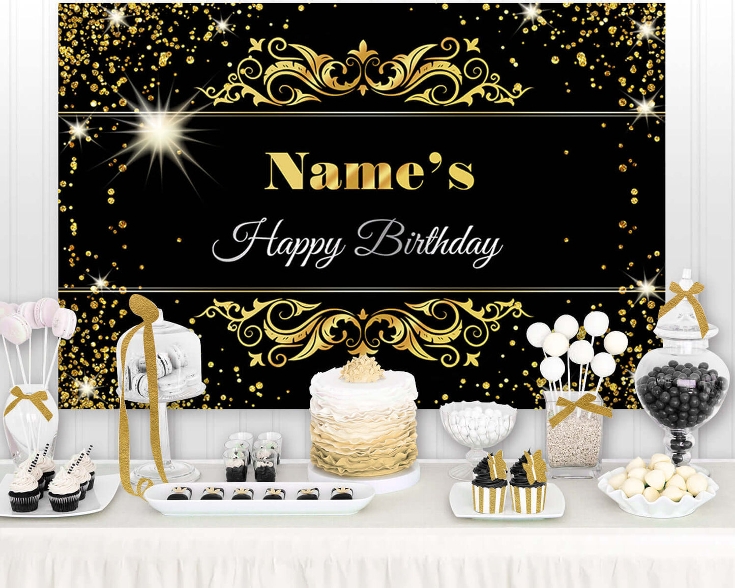 Gold Glitter Happy Birthday Party Backdrop For Photo Black Happy Birthday Adult Theme Party Decoration Supplies DIY Backdrops