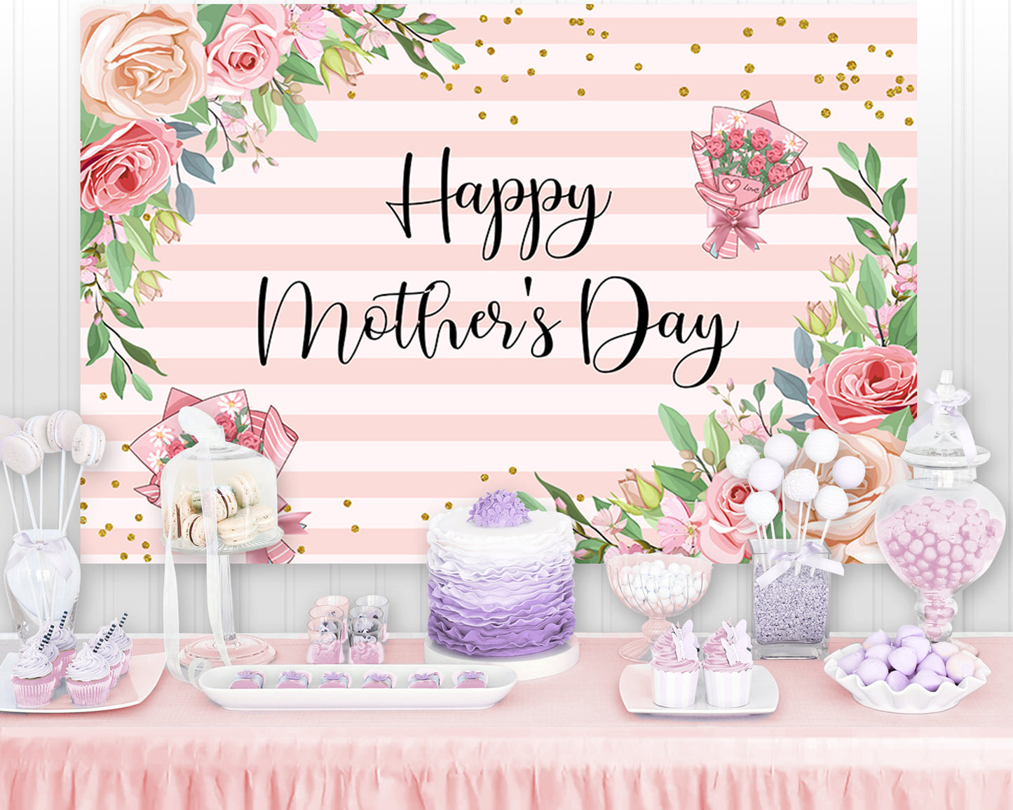 Mothers' Day Photography Backdrops Pink White Stripes Flowers Decoration Banner Mother Party Portrait Photo Background Photobooth