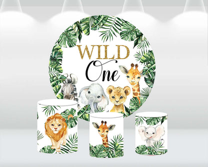 Safari 1st Birthday Round Backdrop Jungle Tropical Wild One Animal Party Newborn Baby Shower Background Circle Cylinder Cover