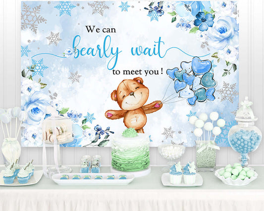 We can Bearly Wait to meet you Baby Shower Photocall Snowflake Blue Boy Birthday Party Decoration Backgrounds Backdrop For Photo Studio