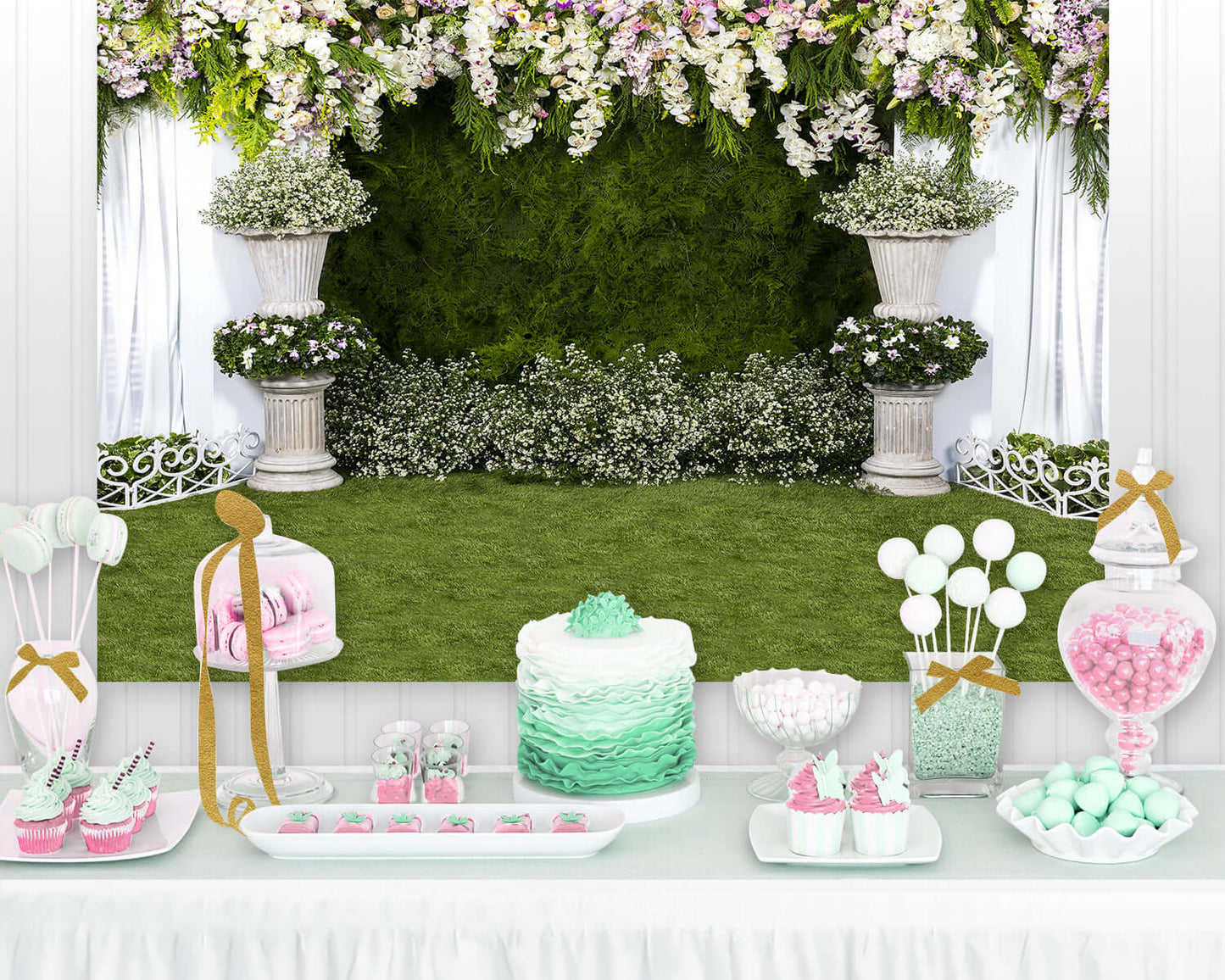 Wedding Flowers Backdrop Photography Background Floral White Curtain Green Ivy Wall Decoration Outdoos Ceremony Green Grassfield Backdrops