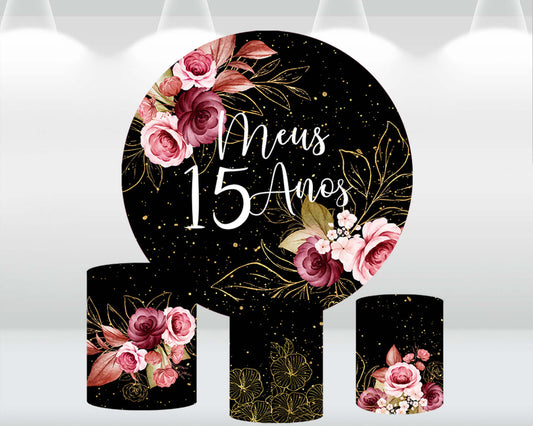 Happy 15th Birthday Round Circle Backdrop Cover Black Wall Florals Birthday Background Cylinder Pillar Covers