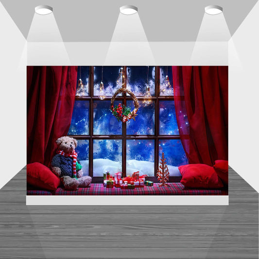 Christmas Photography Backdrop Photocall Window Tree Gift Baby Portrait Party Decor Background Red Curtains Kids Photo Studio